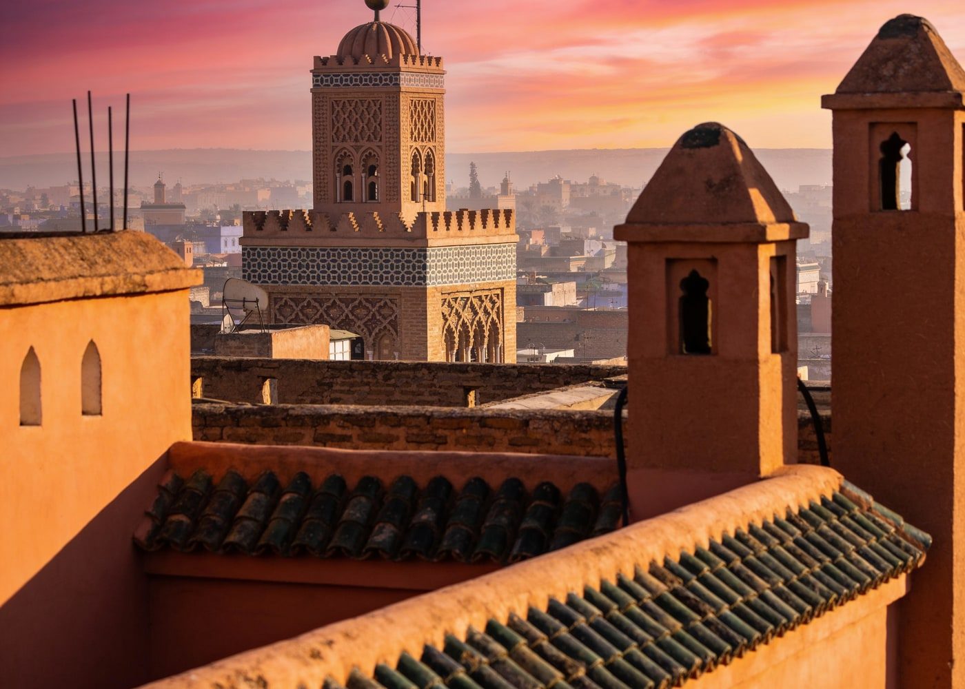 Rooftop view over Moroccan rooftops at sunset