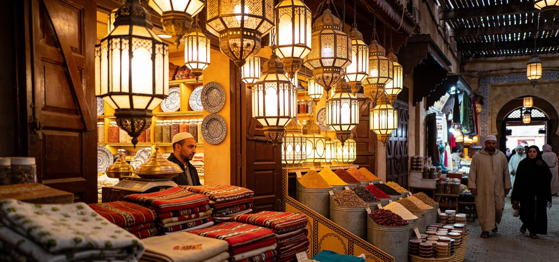 Lanterns glowing in a Marrakech souk at night
