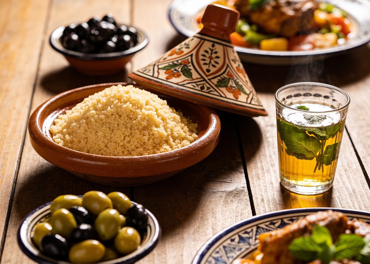 A colourful spread of Moroccan tagine and mint tea