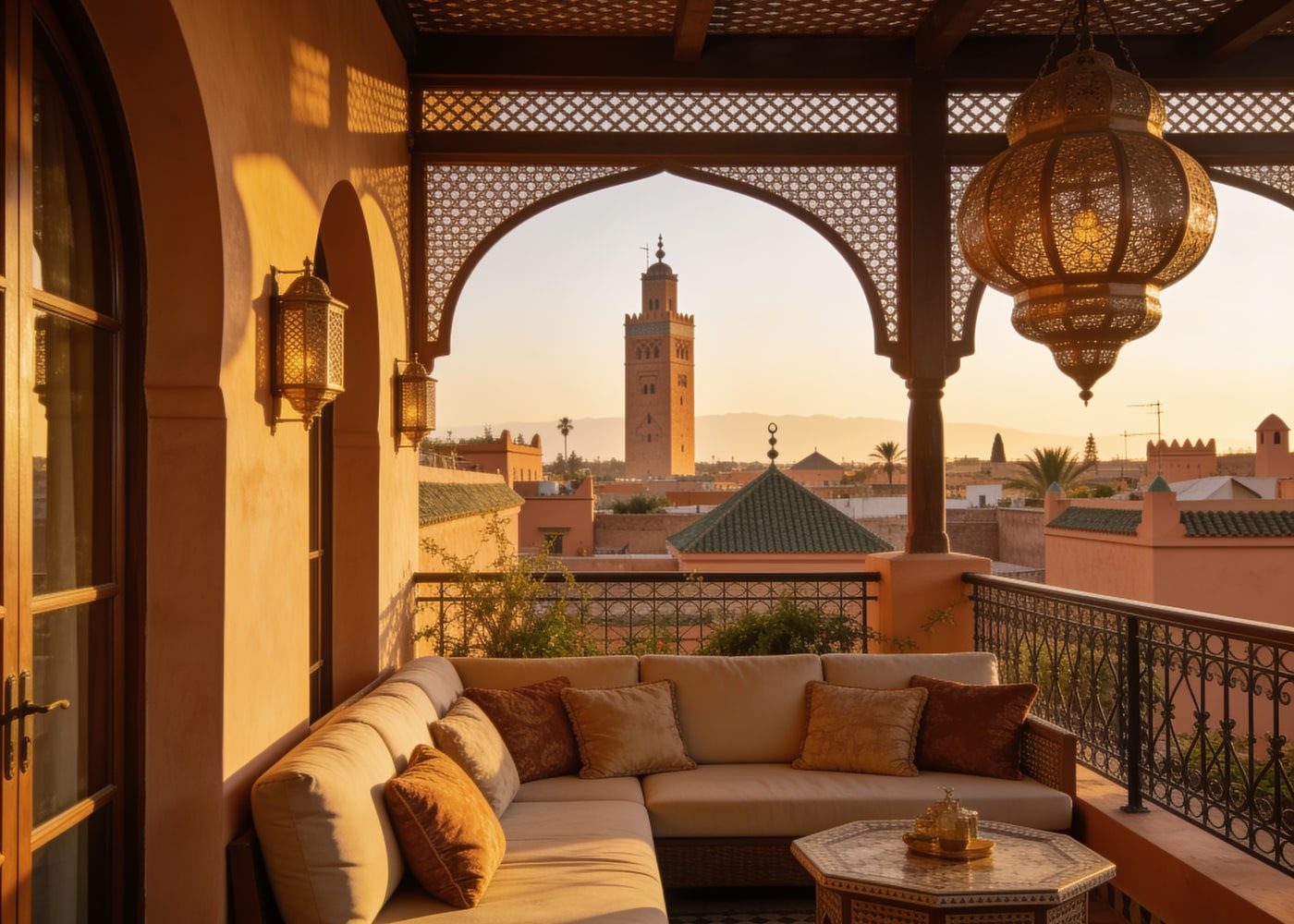 A private terrace overlooking the Marrakech skyline at golden hour