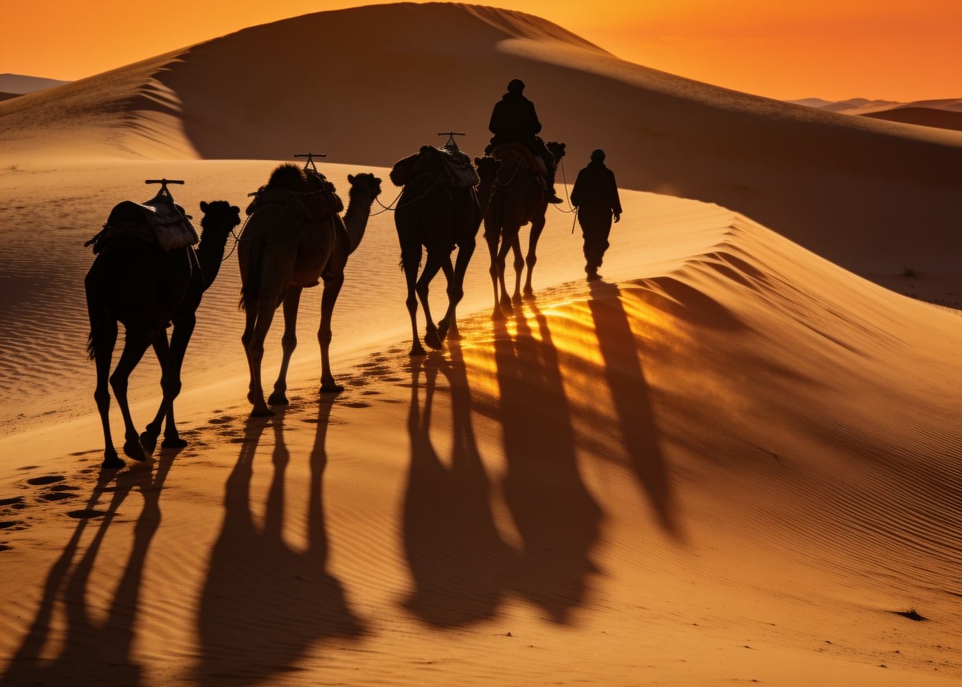 Camel caravan crossing the Sahara at dusk